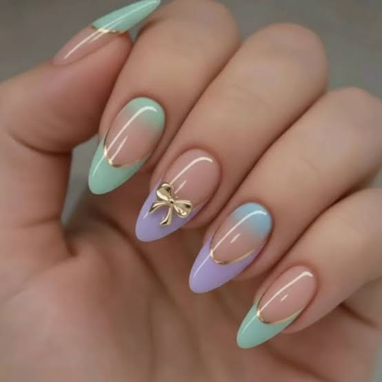 Pastel Green Purple French Outline Jelly Almond Nails — Trendy Jelly Nails