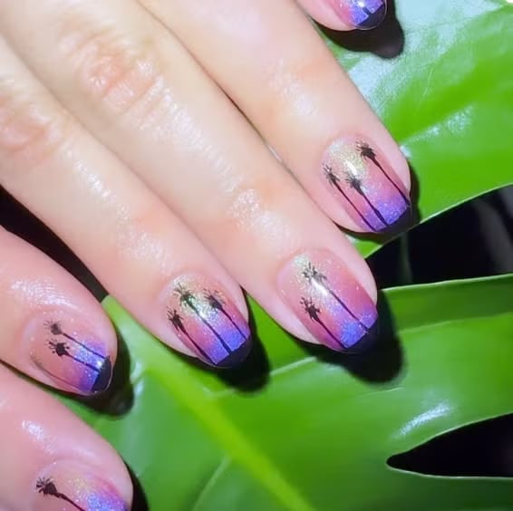 Purple Pink Orange Gradient Nails With Black Tips — Trendy Jelly Nails