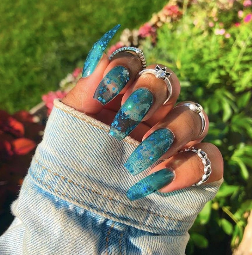 Teal Jelly Nails With Blue Glitter And Abstract Shapes — Trendy Jelly Nails