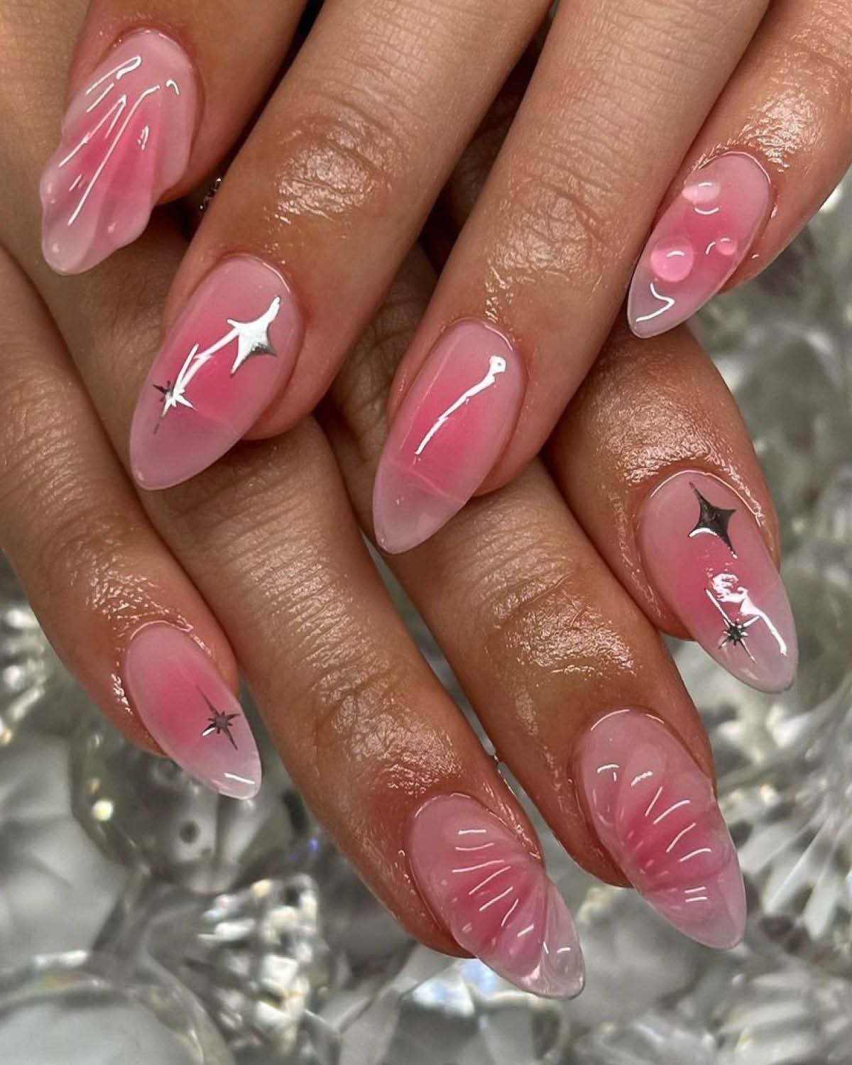 Vibrant Pink Jelly Gradient Medium Almond Nails, Close-Up Take — Trendy Jelly Nails