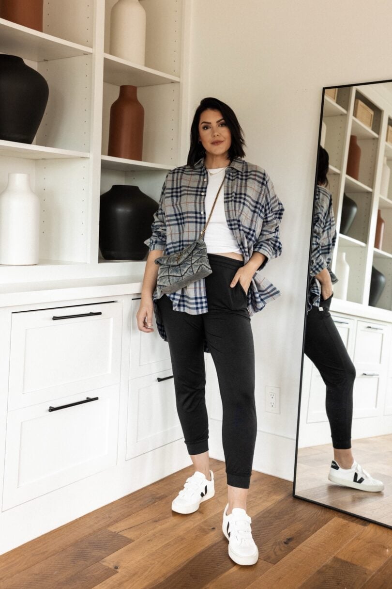 Black Joggers with Plaid Shirt and Sneakers Black Joggers with Plaid Shirt and Sneakers — Trendy Jogging Outfits