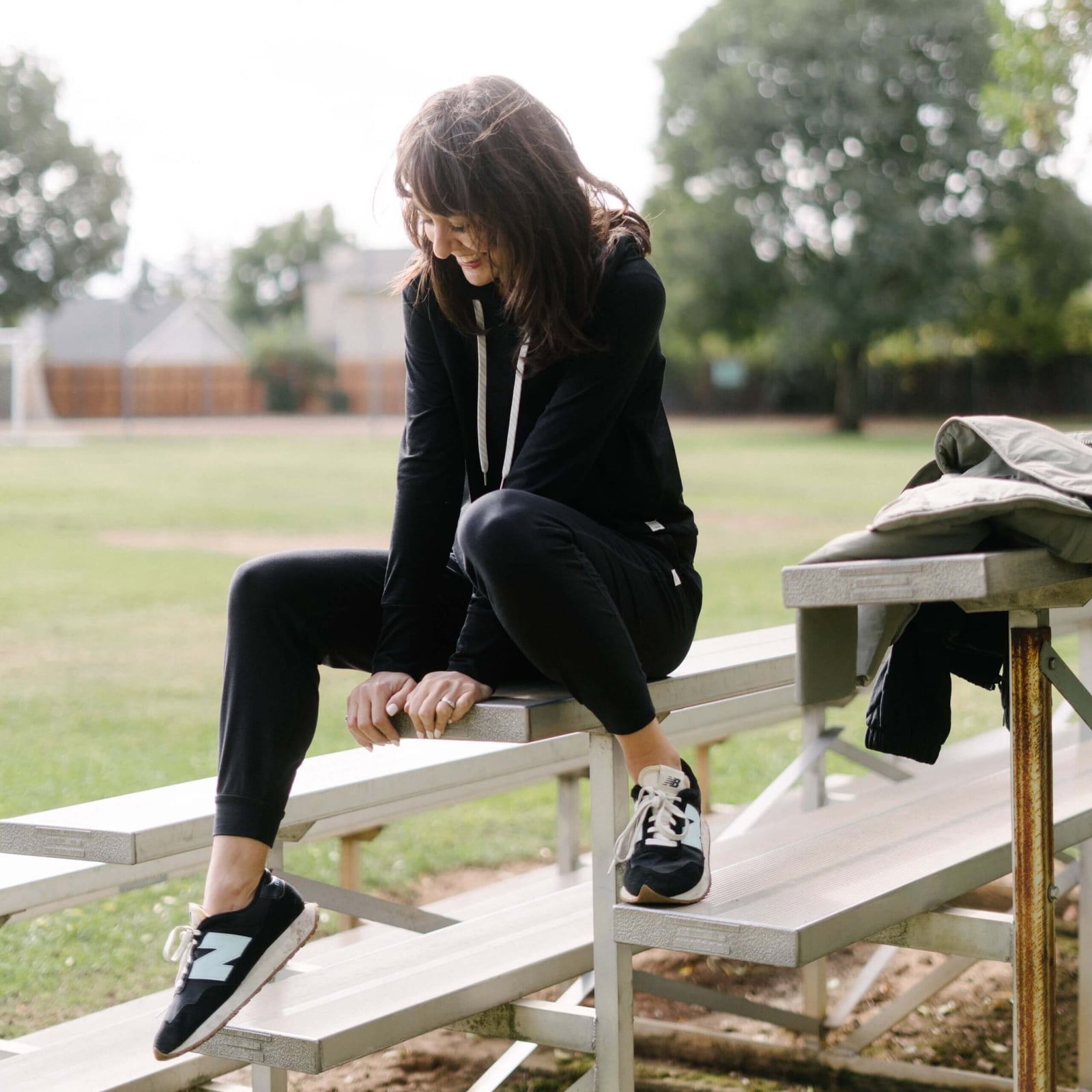 Black Matching Sweatsuit with Green Jacket and Sneakers Black Matching Sweatsuit with Green Jacket and Sneakers — Trendy Jogging Outfits