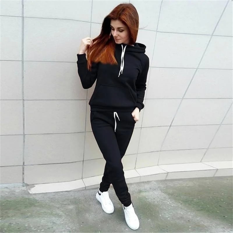 Black Tracksuit with White Drawstrings and Sneakers Black Tracksuit with White Drawstrings and Sneakers — Trendy Jogging Outfits