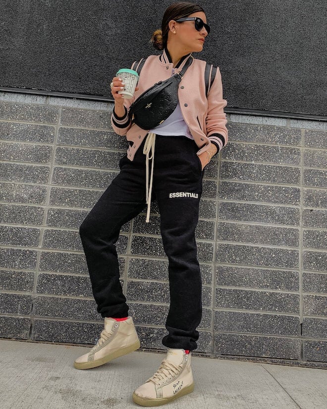 Black Joggers with Pink Bomber Jacket and High-Top Sneakers Black Joggers with Pink Bomber Jacket and High-Top Sneakers — Trendy Jogging Outfits