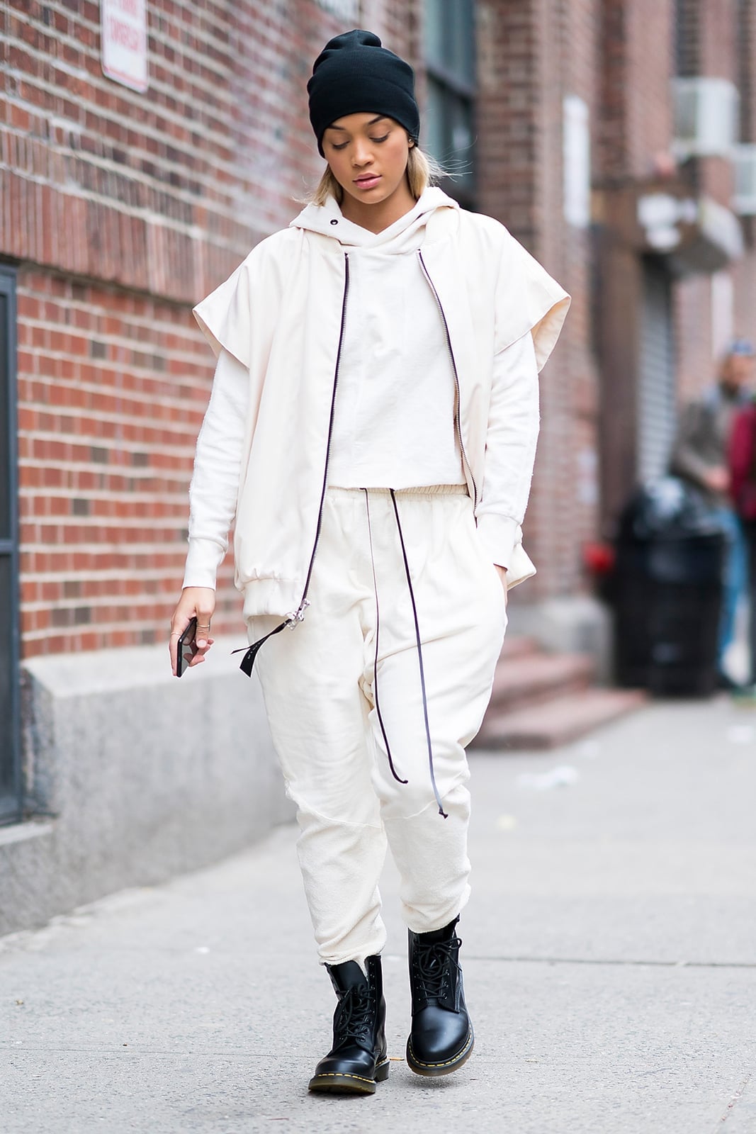 Cream Hoodie with Sleeveless Jacket and Combat Boots Cream Hoodie with Sleeveless Jacket and Combat Boots — Trendy Jogging Outfits