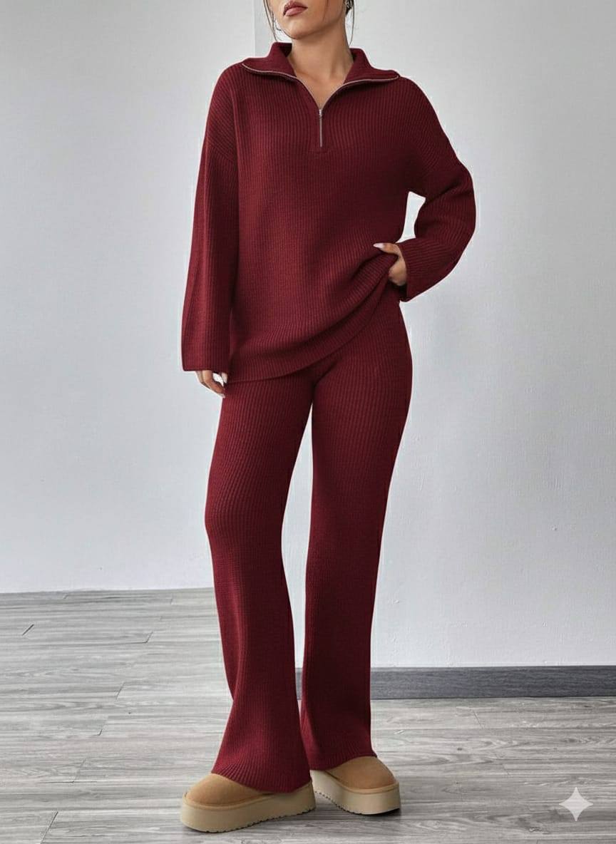 Maroon Ribbed Knit Matching Set with Platform Clogs Maroon Ribbed Knit Matching Set with Platform Clogs — Trendy Jogging Outfits