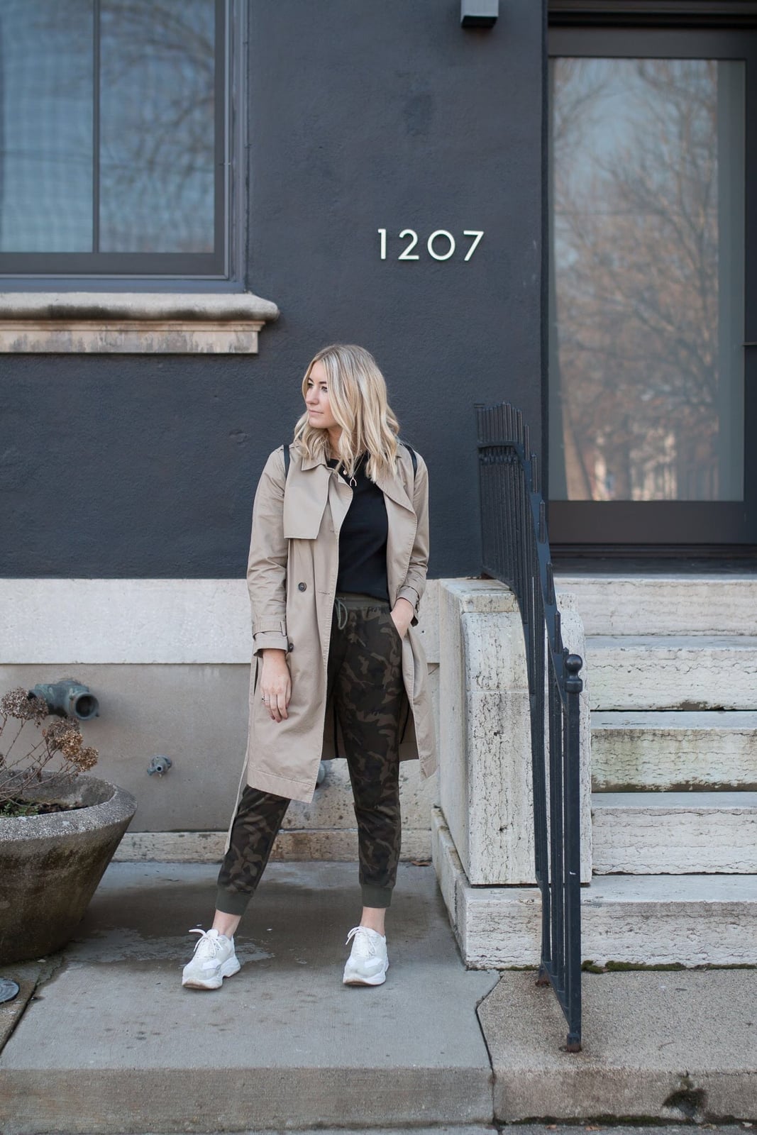 Camouflage Joggers with Trench Coat and Sneakers Camouflage Joggers with Trench Coat and Sneakers — Trendy Jogging Outfits