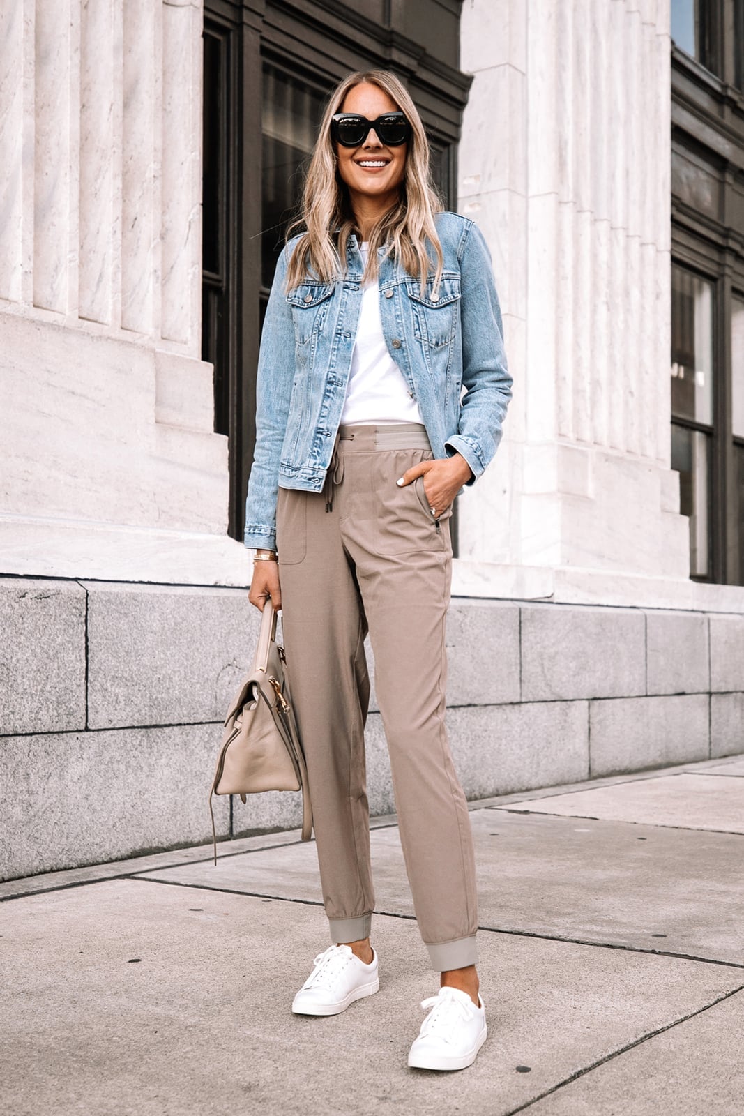 Taupe Joggers with Denim Jacket and Sneakers Taupe Joggers with Denim Jacket and Sneakers — Trendy Jogging Outfits