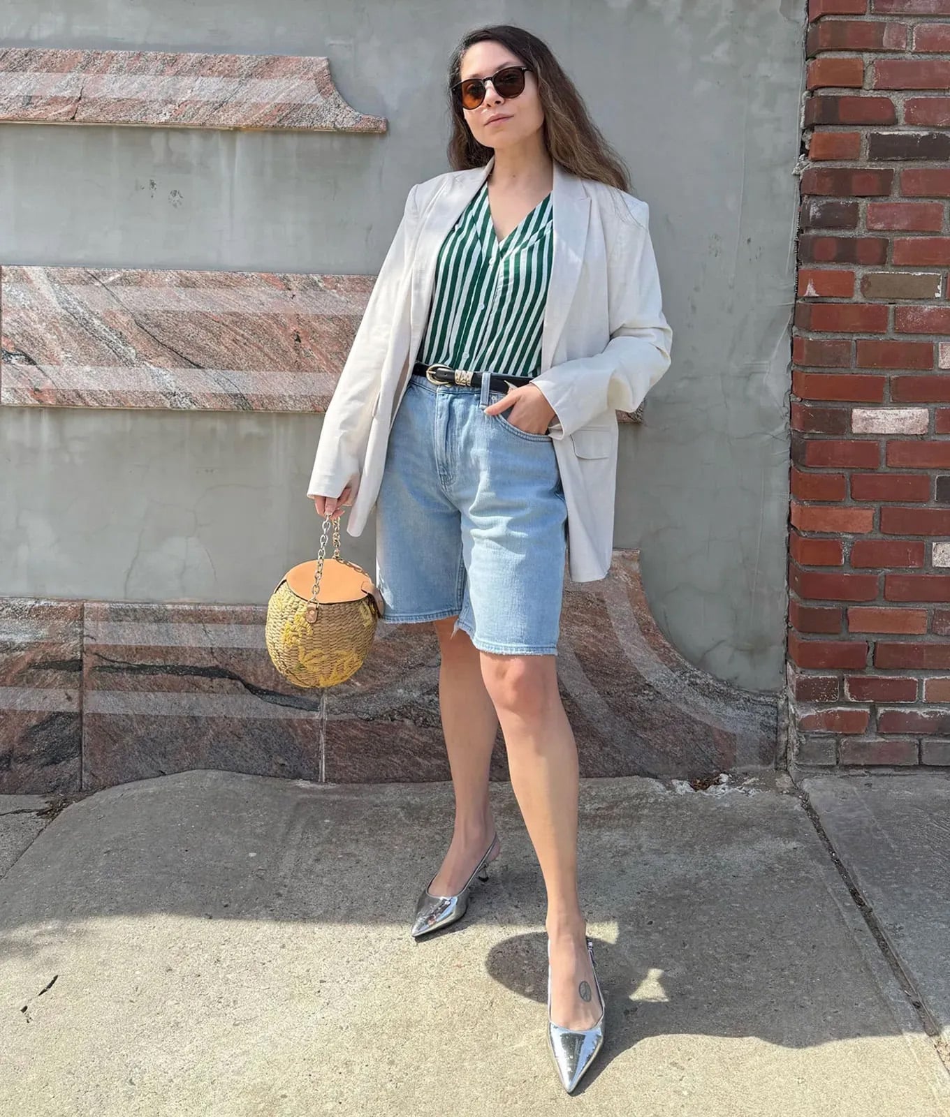 Light Blue Jorts With Striped Blouse And Cream Blazer — Trendy Jorts Outfits