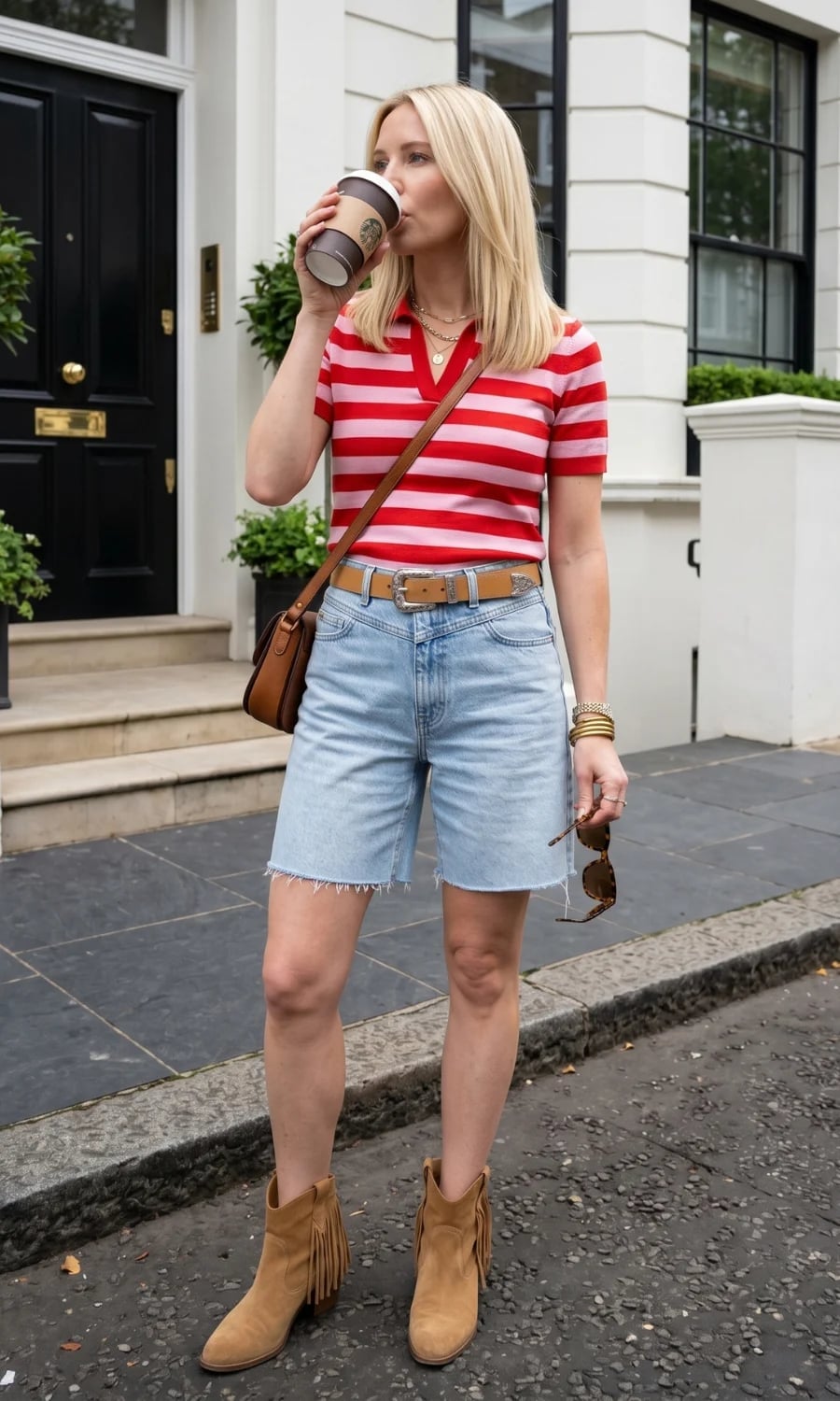 Light Wash Jorts With Striped Polo And Suede Boots — Trendy Jorts Outfits