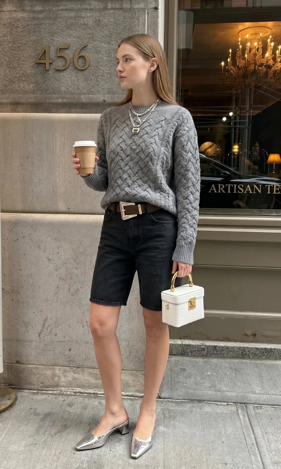 Dark Wash Jorts With Cable Knit Sweater And Metallic Mules — Trendy Jorts Outfits