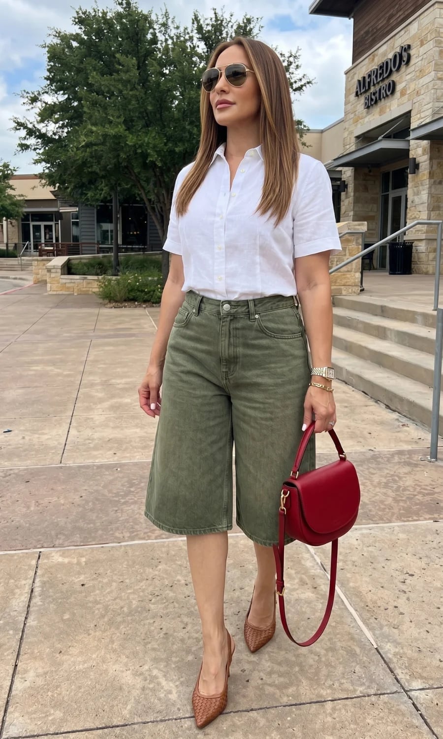 Olive Green Culotte Jorts With Linen Shirt And Heeled Mules — Trendy Jorts Outfits