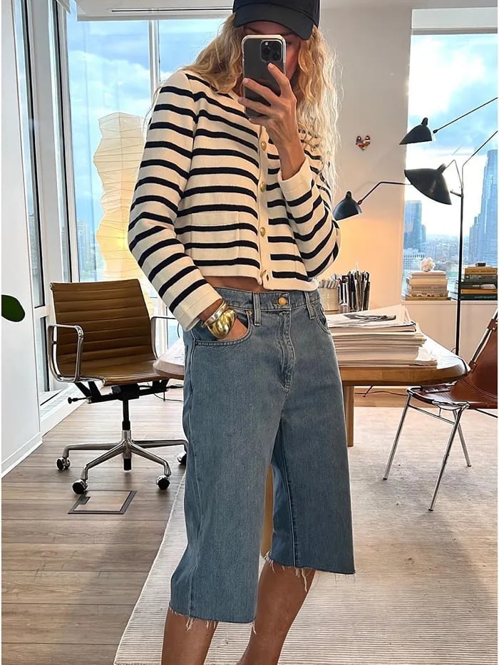 Wide Leg Jorts With Striped Cardigan And Baseball Cap — Trendy Jorts Outfits