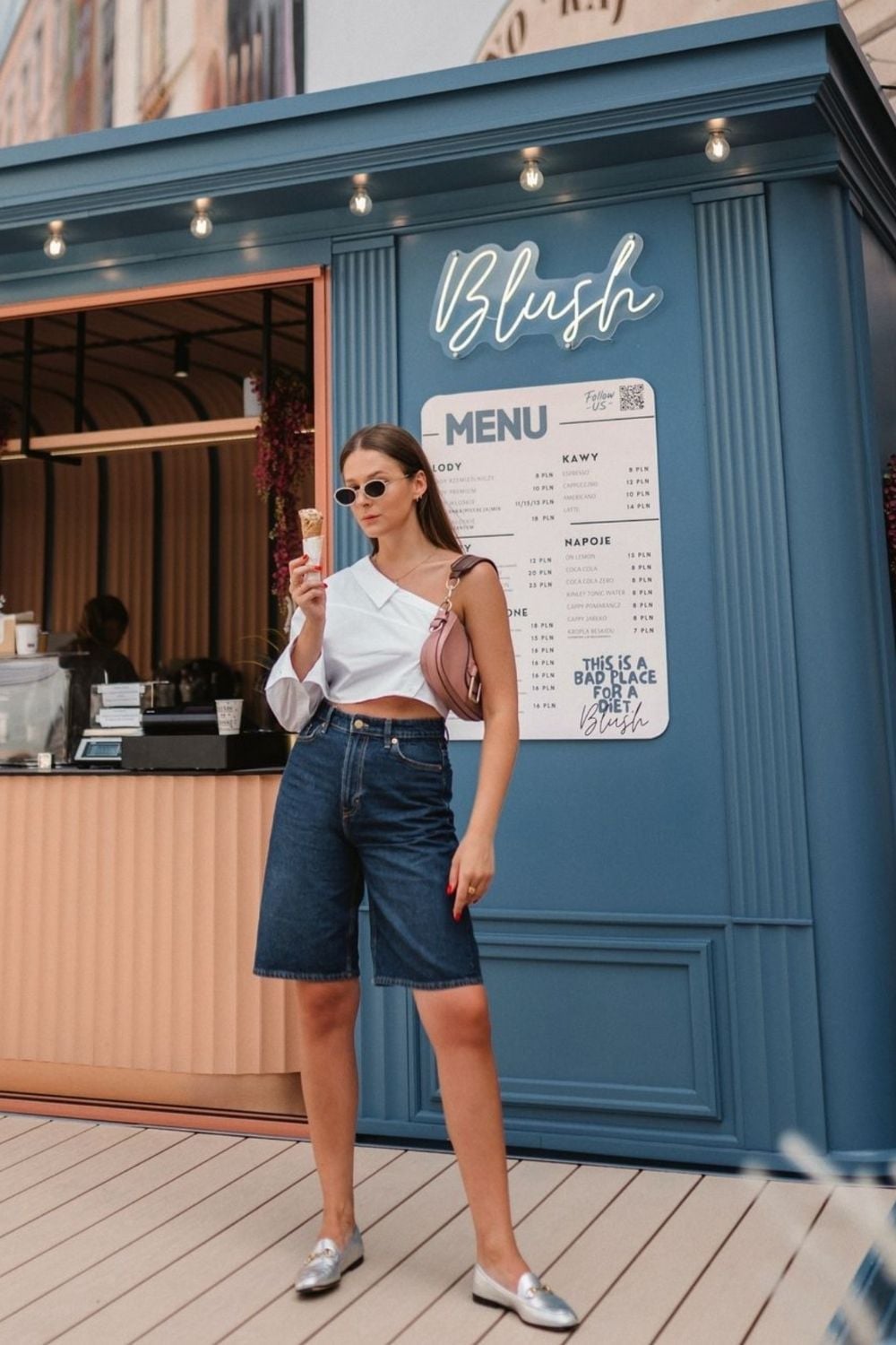 Dark Wash Jorts With Asymmetrical Top And Silver Loafers — Trendy Jorts Outfits