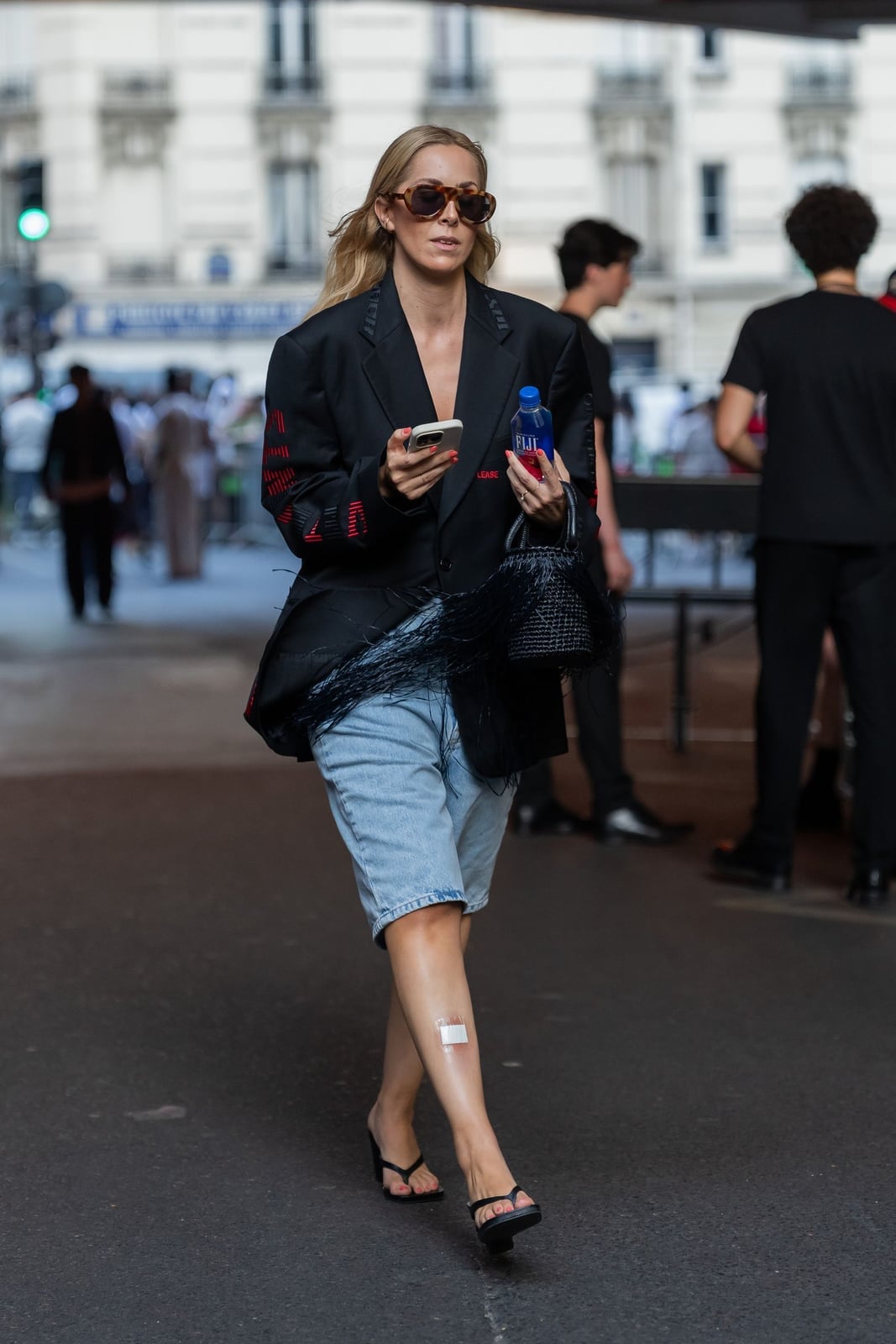 Light Blue Jorts With Feather Trim Blazer And Thong Sandals — Trendy Jorts Outfits