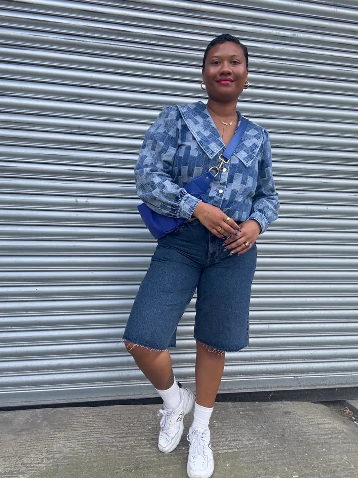 Dark Wash Jorts With Statement Collar Denim Shirt — Trendy Jorts Outfits