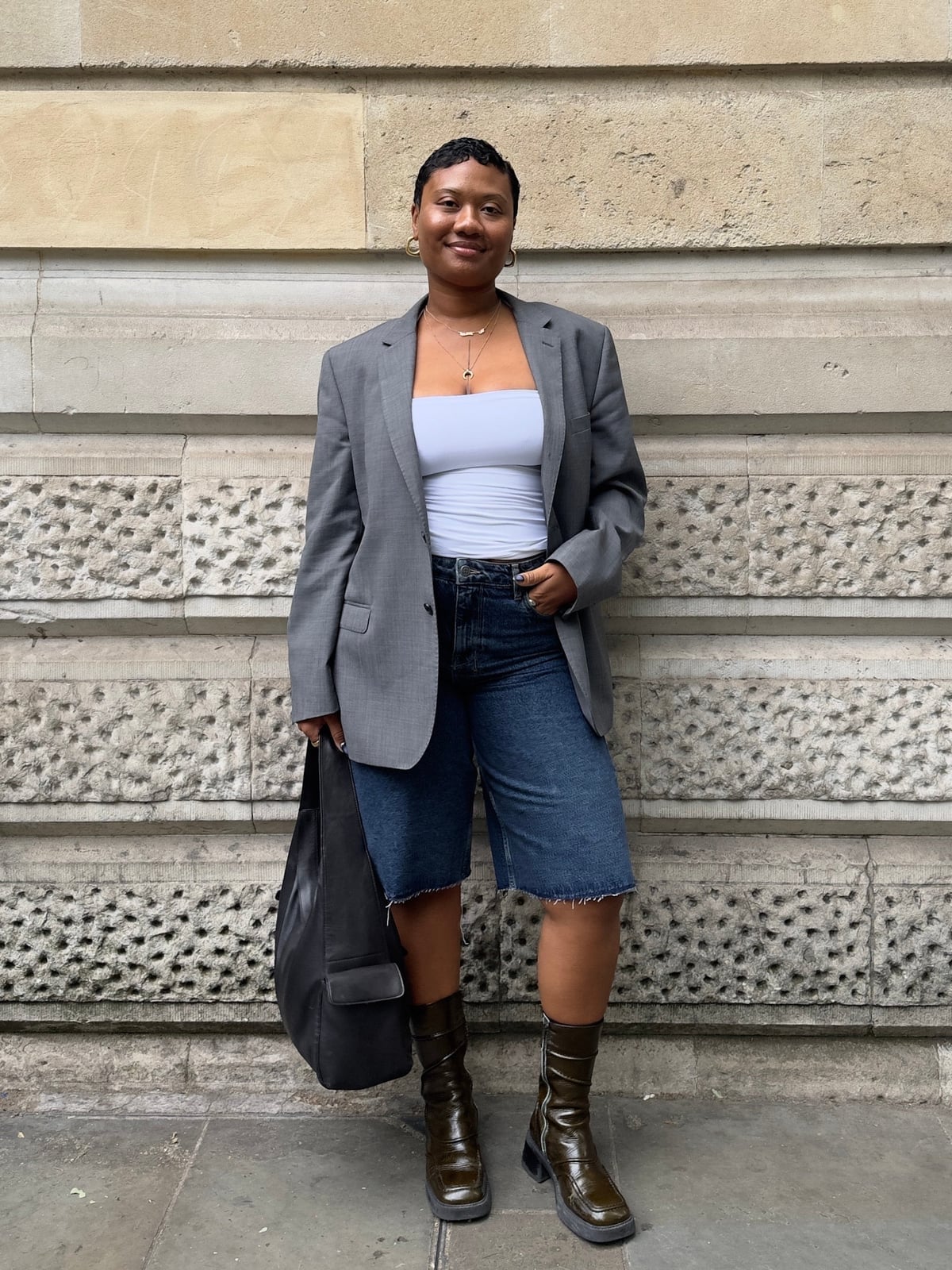 Dark Blue Jorts With Tube Top And Grey Blazer — Trendy Jorts Outfits