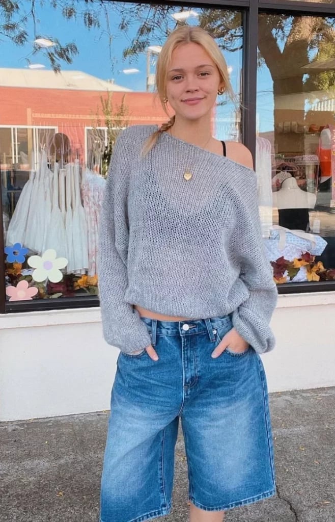 Wide Leg Jorts With Off Shoulder Knit Sweater, She Wears A Grey — Trendy Jorts Outfits