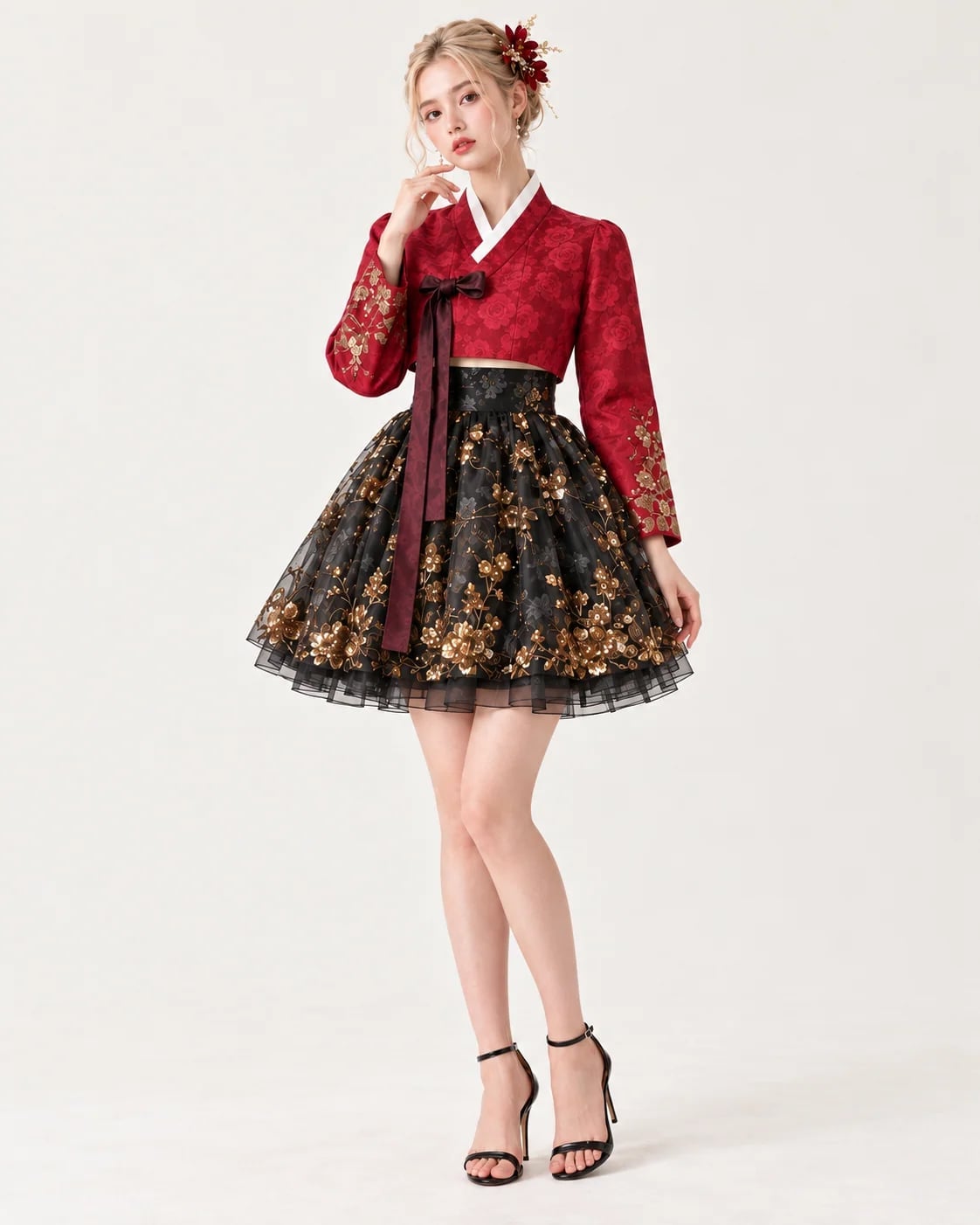 Red Embroidered Jacket with Black Tulle Skirt Red Embroidered Jacket with Black Tulle Skirt — Trendy K-pop Outfits