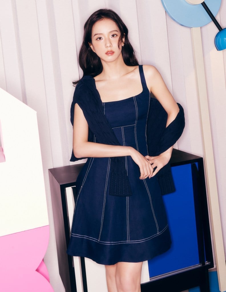 Navy Fit-and-Flare Dress with Knit Cardigan Navy Fit-and-Flare Dress with Knit Cardigan — Trendy K-pop Outfits