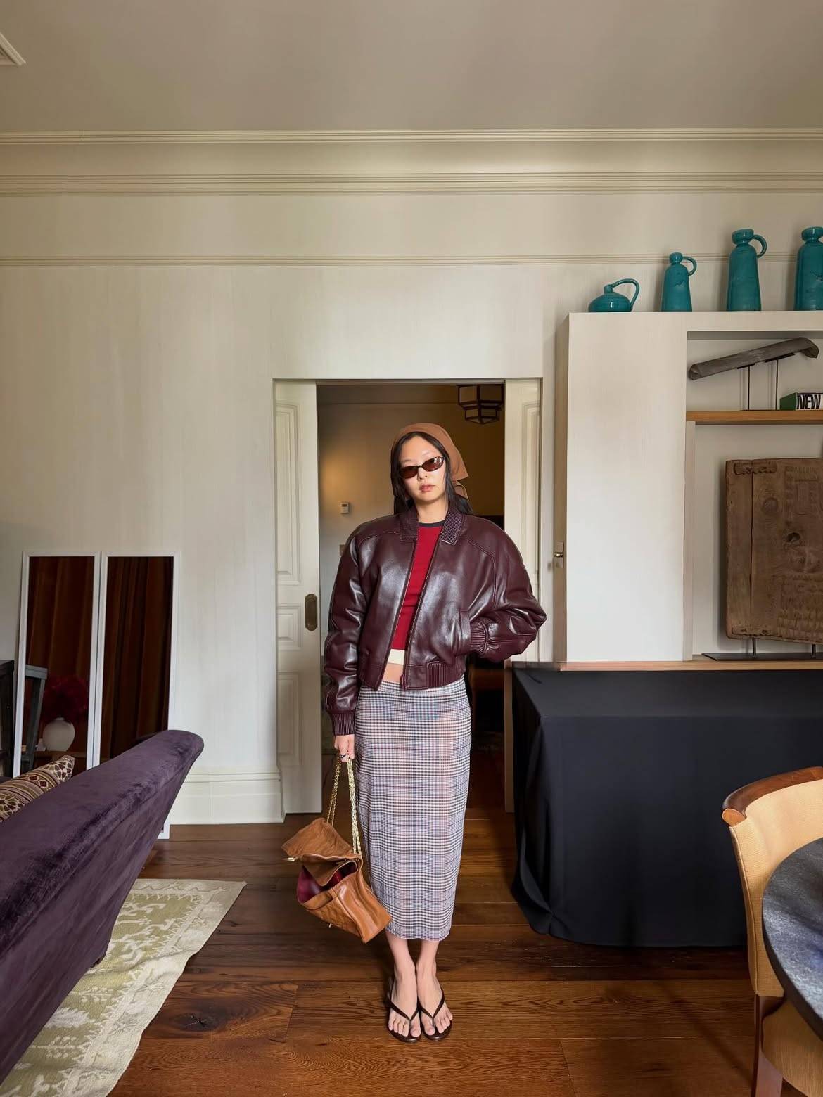 Burgundy Bomber Jacket with Plaid Pencil Skirt Burgundy Bomber Jacket with Plaid Pencil Skirt — Trendy K-pop Outfits