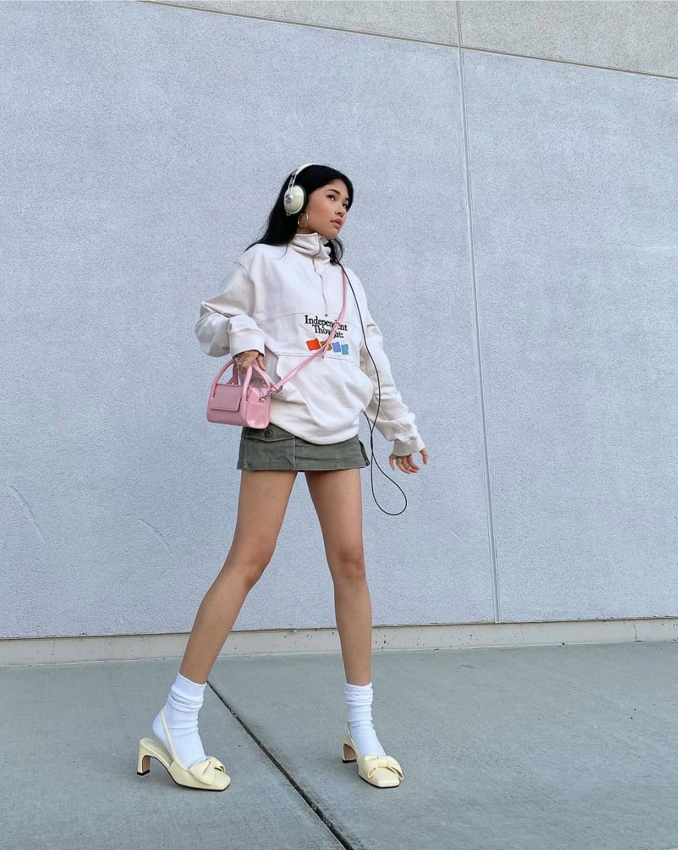 Cream Hoodie with Olive Green Mini Skirt Cream Hoodie with Olive Green Mini Skirt — Trendy K-pop Outfits