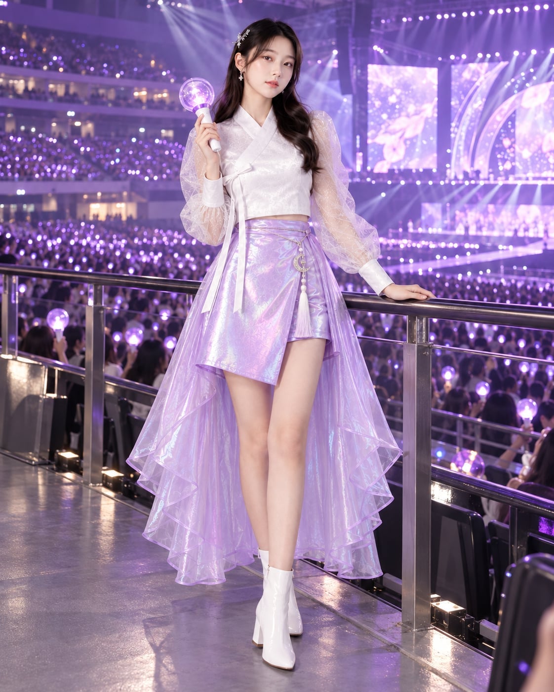 White Cropped Top with Iridescent High-Low Skirt White Cropped Top with Iridescent High-Low Skirt — Trendy K-pop Outfits