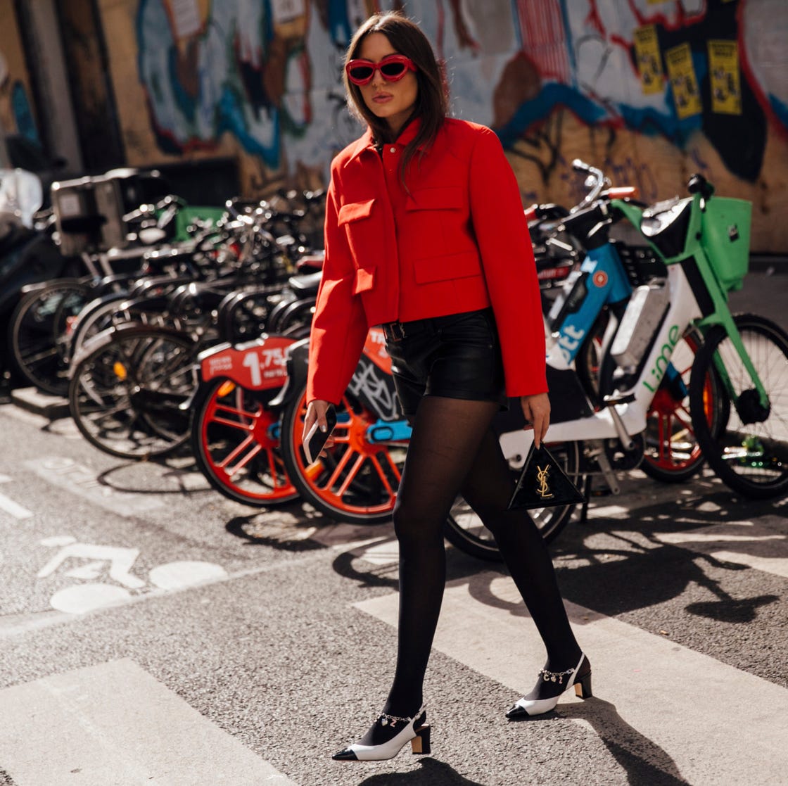 Red Cropped Jacket, Leather Shorts, and Two-Tone Kitten Heels — Trendy Kitten Heels Outfits