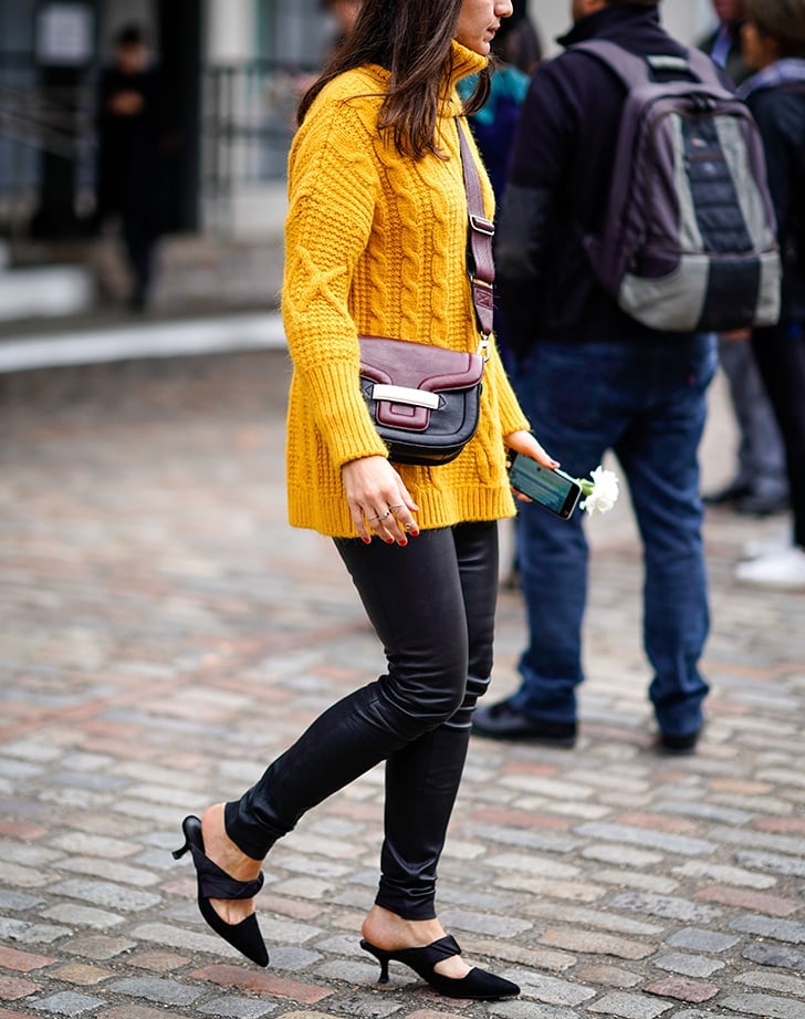Yellow Sweater with Black Trousers and Kitten Heel Mules — Trendy Kitten Heels Outfits
