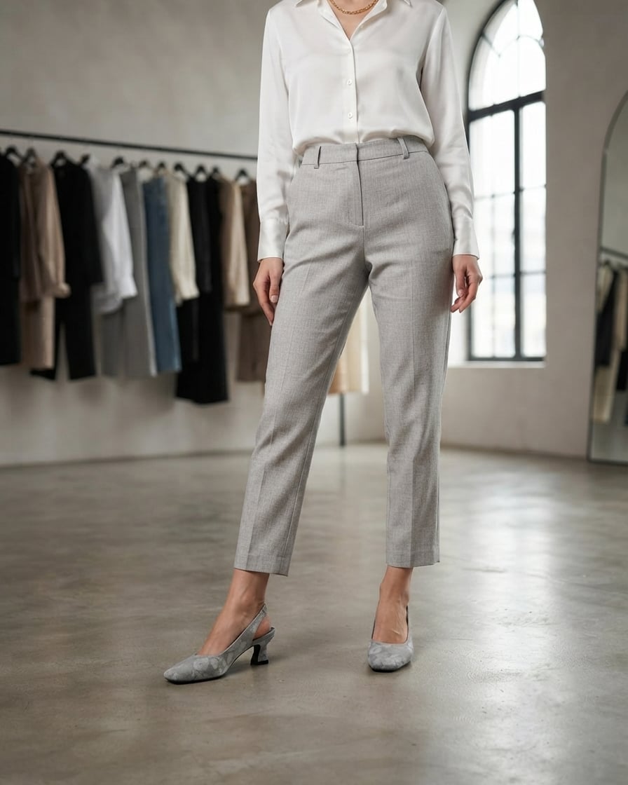 Silk Blouse, Grey Trousers, and Patterned Kitten Heels for Business — Trendy Kitten Heels Outfits