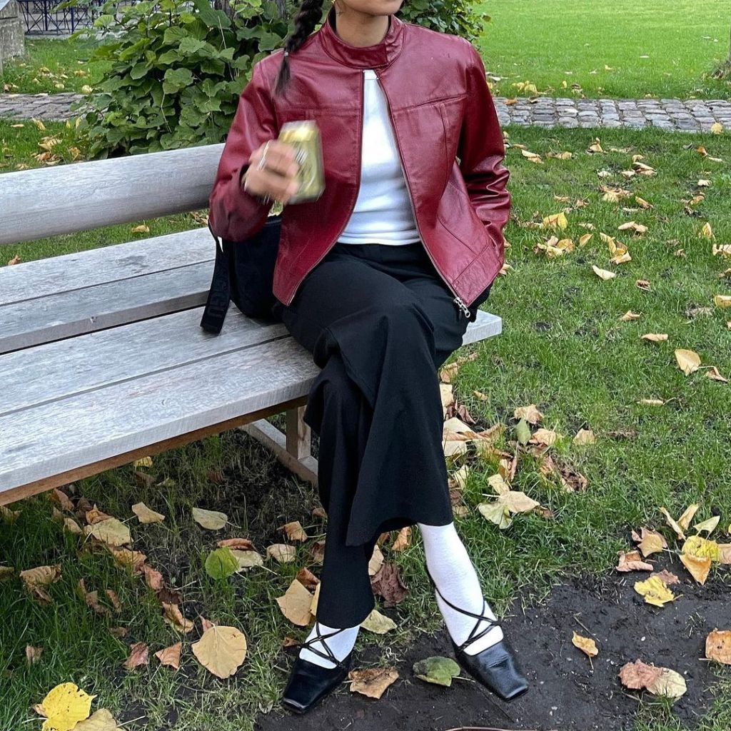 Red Leather Jacket, White Tank, Black Trousers, and Ballet Flats — Trendy Kitten Heels Outfits