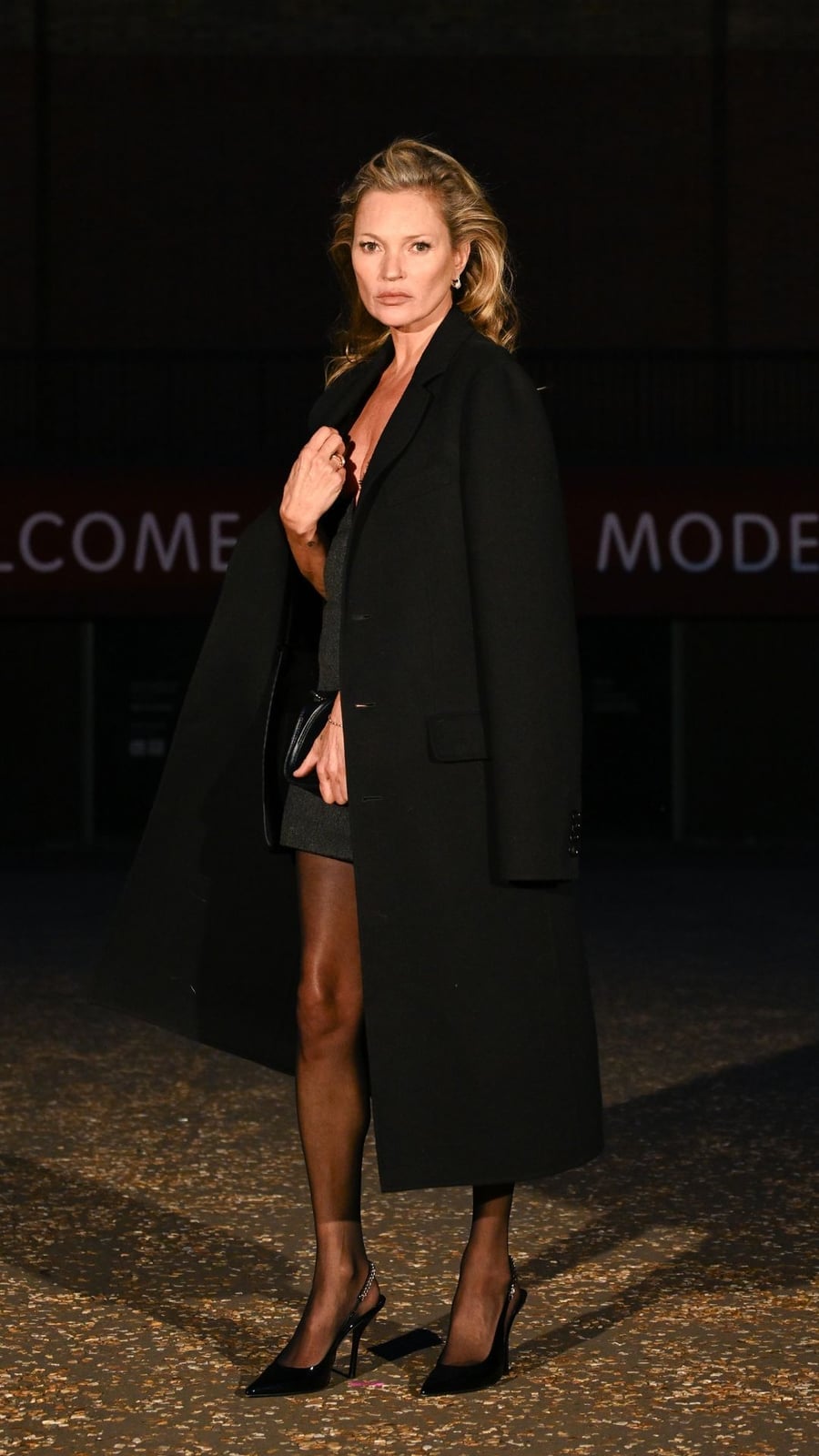 Kate Moss in a Mini Dress, Coat, and Slingback Kitten Heels — Trendy Kitten Heels Outfits