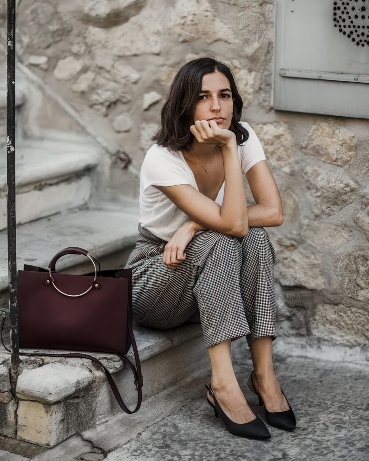 Tweed Trousers and White T-Shirt with Black Slingback Kitten Heels — Trendy Kitten Heels Outfits