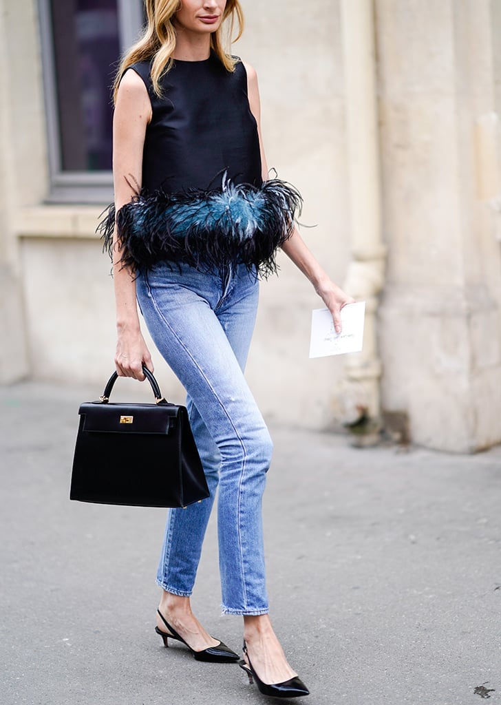 Denim Jeans with a Feather Trim Top and Black Kitten Heels — Trendy Kitten Heels Outfits