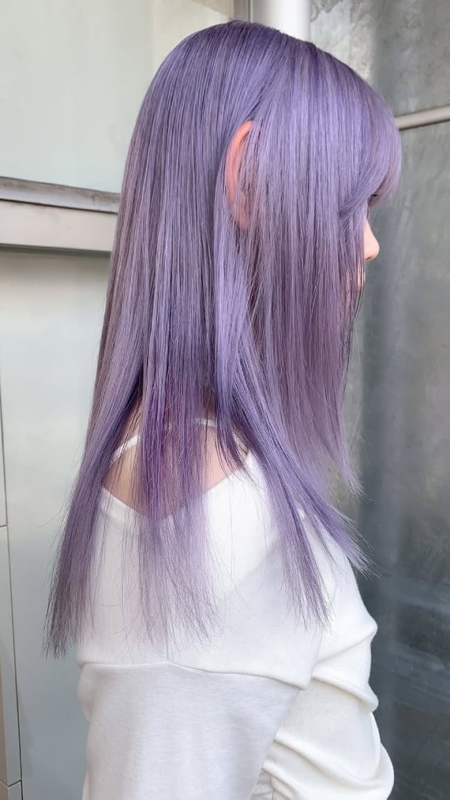 Pastel Lavender Mid-Back With Blunt Bangs Pastel Lavender Mid-Back With Blunt Bangs — Trendy Lavender Hair