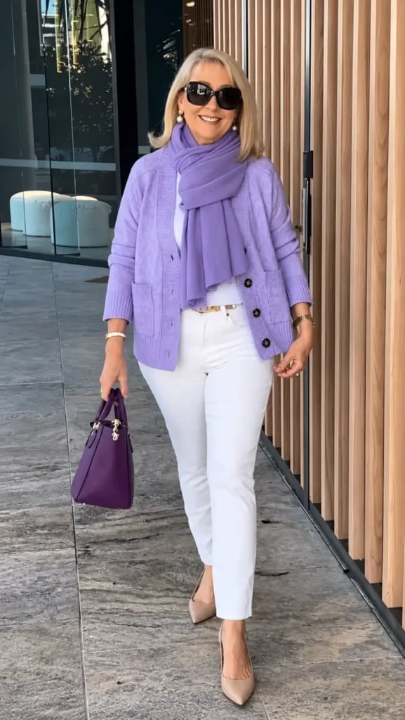 Lavender Knit Cardigan with White Jeans Lavender Knit Cardigan with White Jeans — Trendy Lavender Outfits