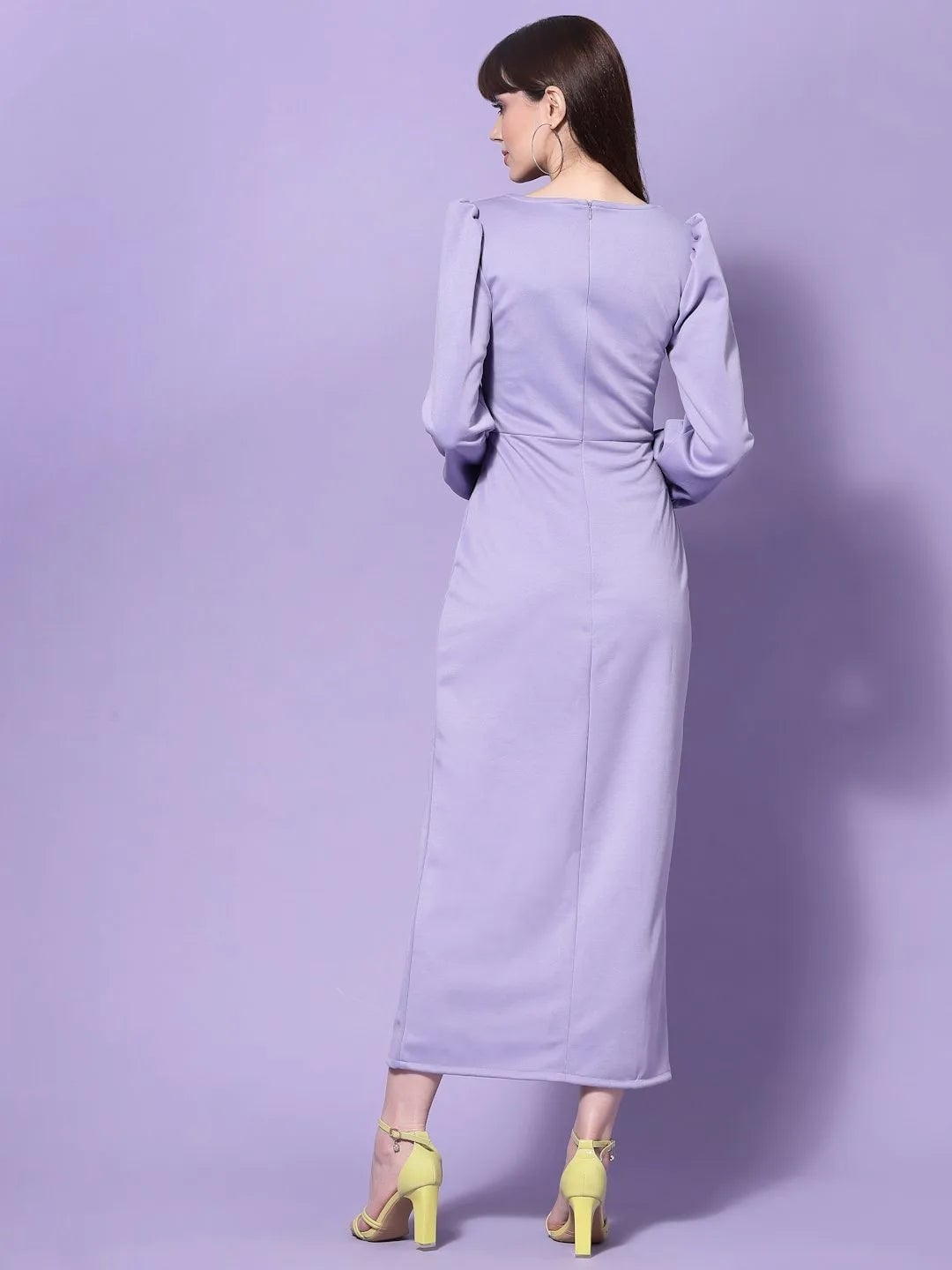 Fitted Lavender Midi Dress with Puff Sleeves Fitted Lavender Midi Dress with Puff Sleeves — Trendy Lavender Outfits