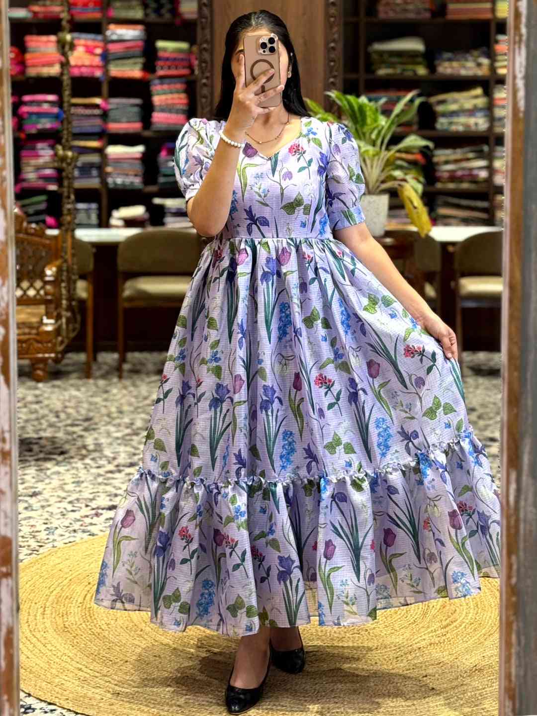 Lavender Floral Print Midi Dress with Tiered Hem and Pearl Bracelet Lavender Floral Print Midi Dress with Tiered Hem and Pearl Bracelet — Trendy Lavender Outfits