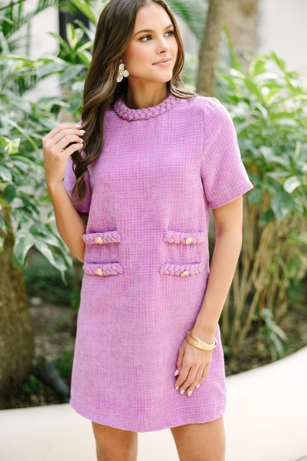 Lavender Tweed Shift Dress with Braided Trim Lavender Tweed Shift Dress with Braided Trim — Trendy Lavender Outfits