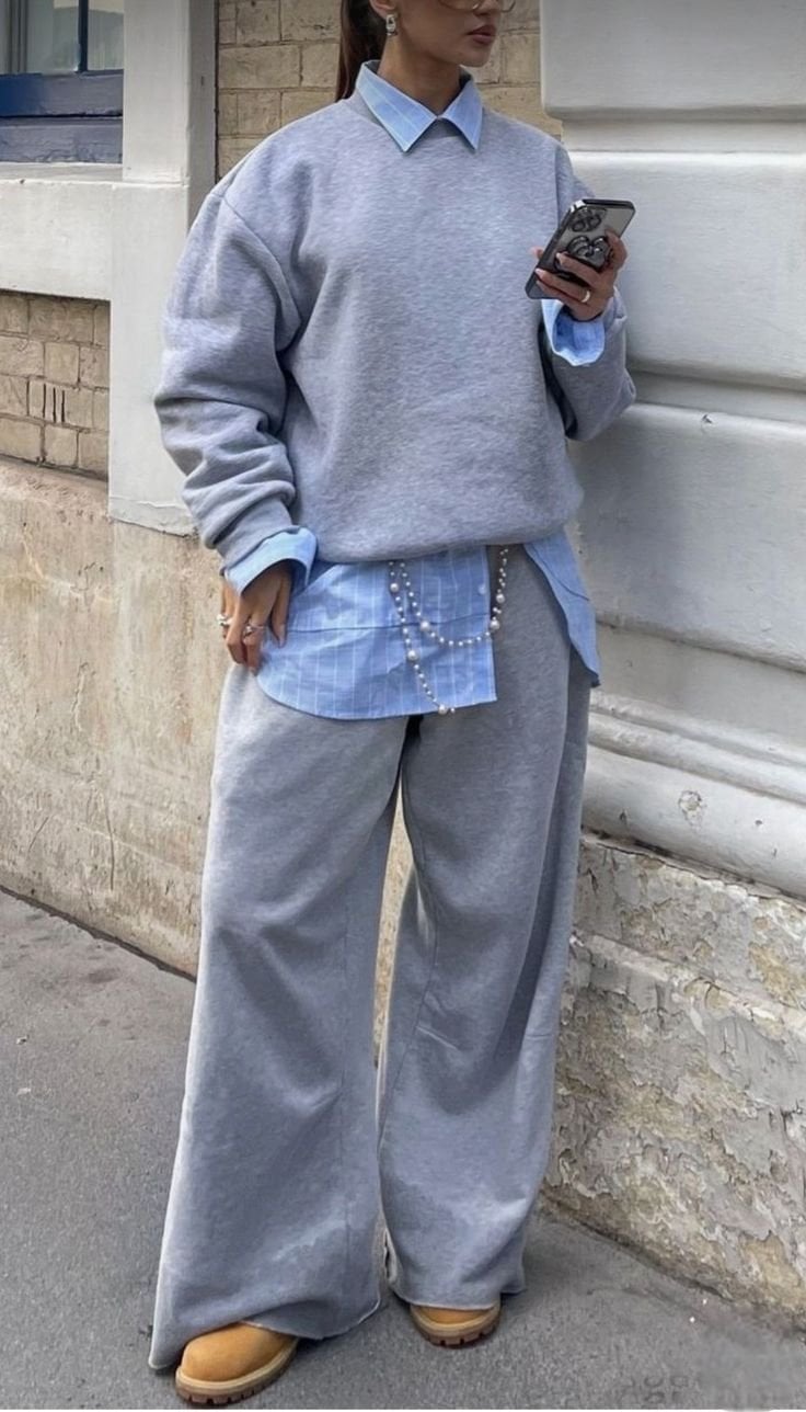 Grey Sweatshirt Over Gingham Shirt Grey Sweatshirt Over Gingham Shirt — Trendy Layering Outfits