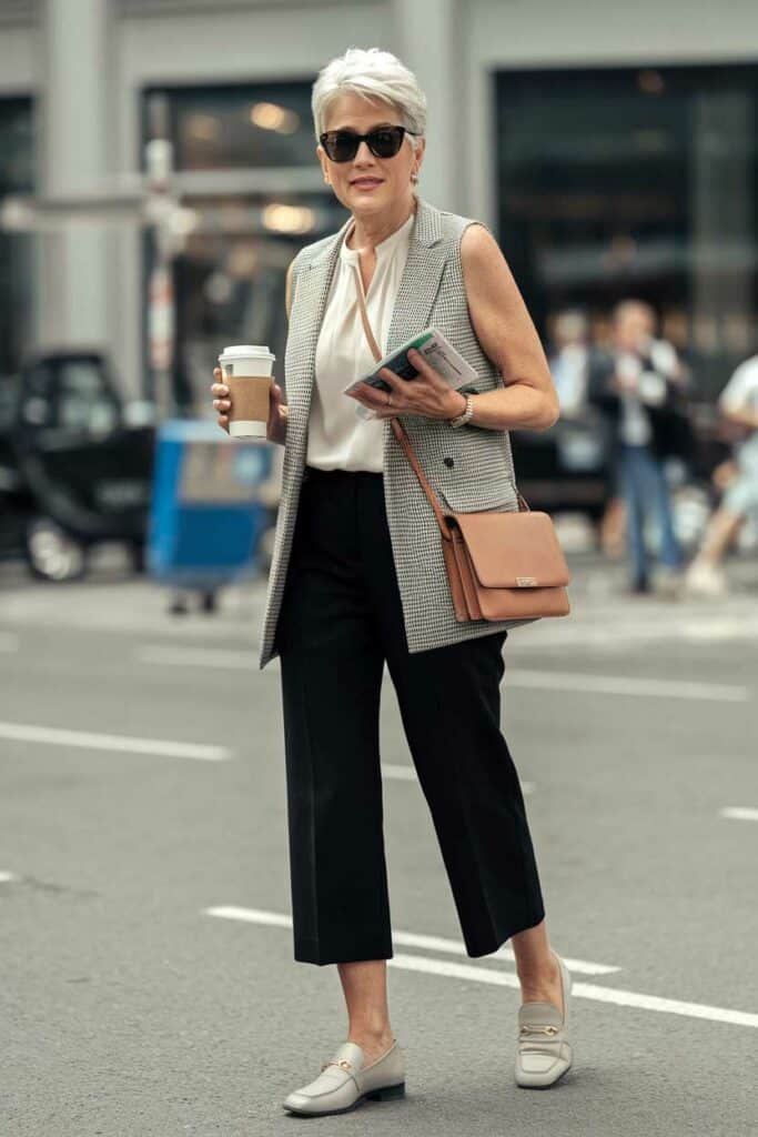 Patterned Vest Over Blouse And Trousers Patterned Vest Over Blouse And Trousers — Trendy Layering Outfits
