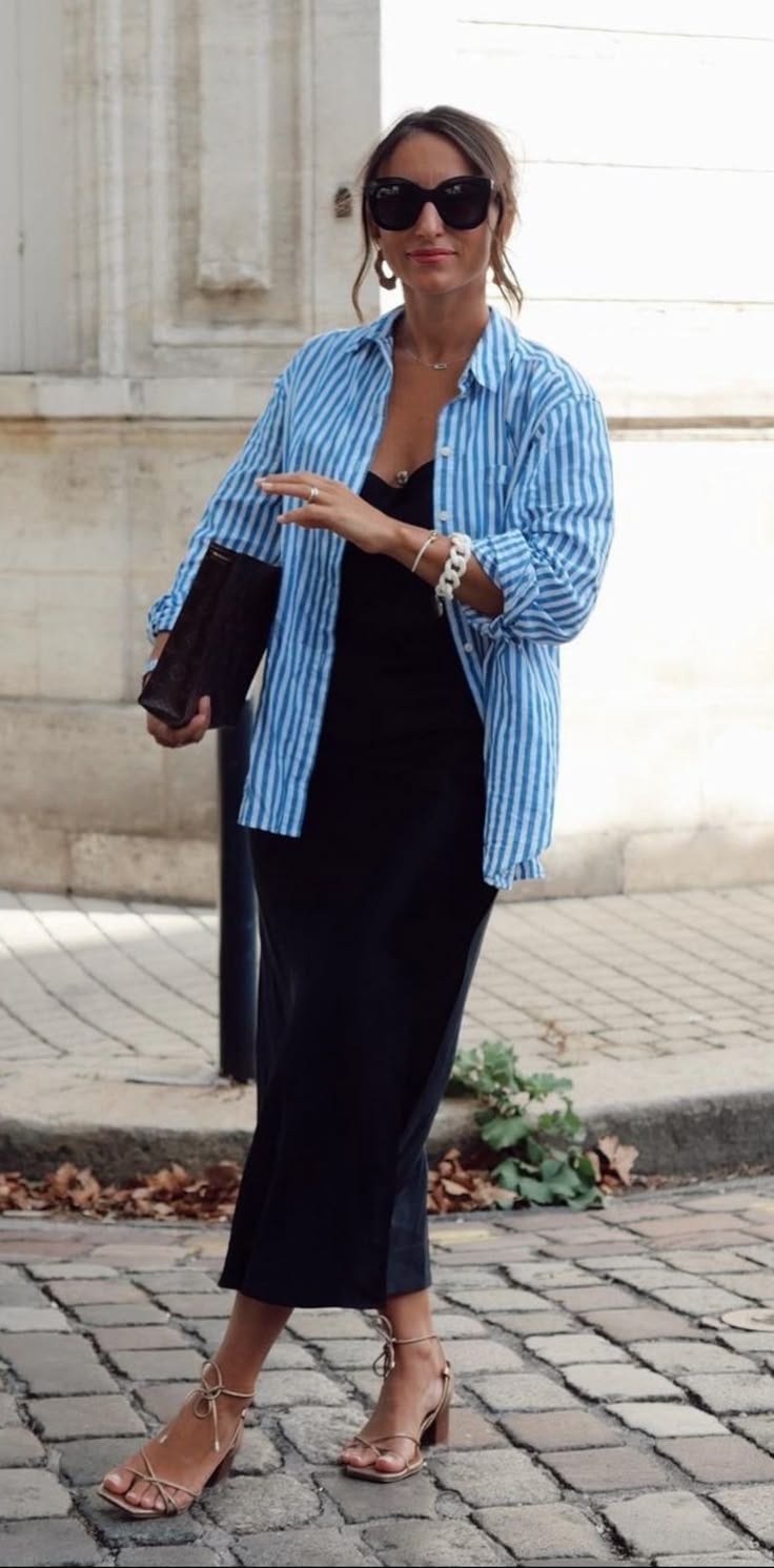 Striped Shirt Over Maxi Slip Dress Striped Shirt Over Maxi Slip Dress — Trendy Layering Outfits
