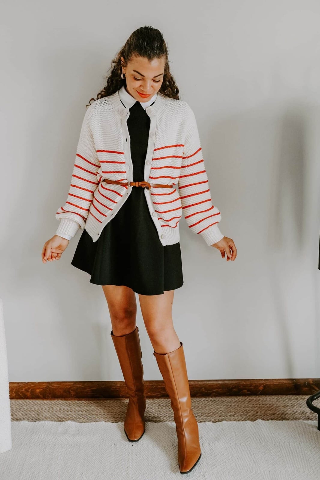 Striped Cardigan Over Black Dress Striped Cardigan Over Black Dress — Trendy Layering Outfits