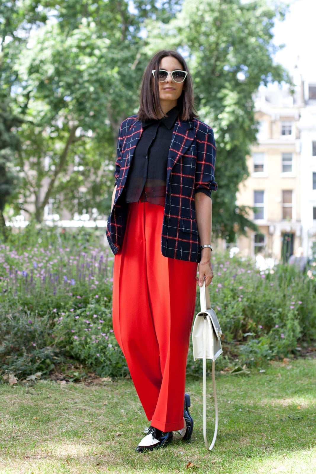 Checked Blazer With Red Trousers Checked Blazer With Red Trousers — Trendy Layering Outfits