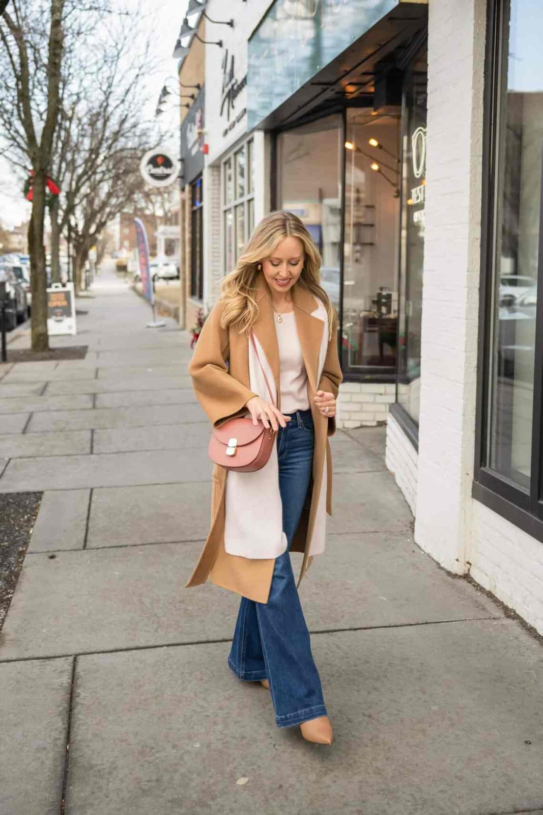 Camel Coat Over Knit Top And Jeans Camel Coat Over Knit Top And Jeans — Trendy Layering Outfits