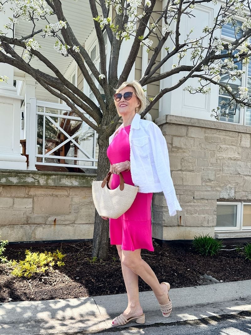 Denim Jacket Over Hot Pink Dress With Woven Slide Sandals Denim Jacket Over Hot Pink Dress With Woven Slide Sandals — Trendy Layering Outfits