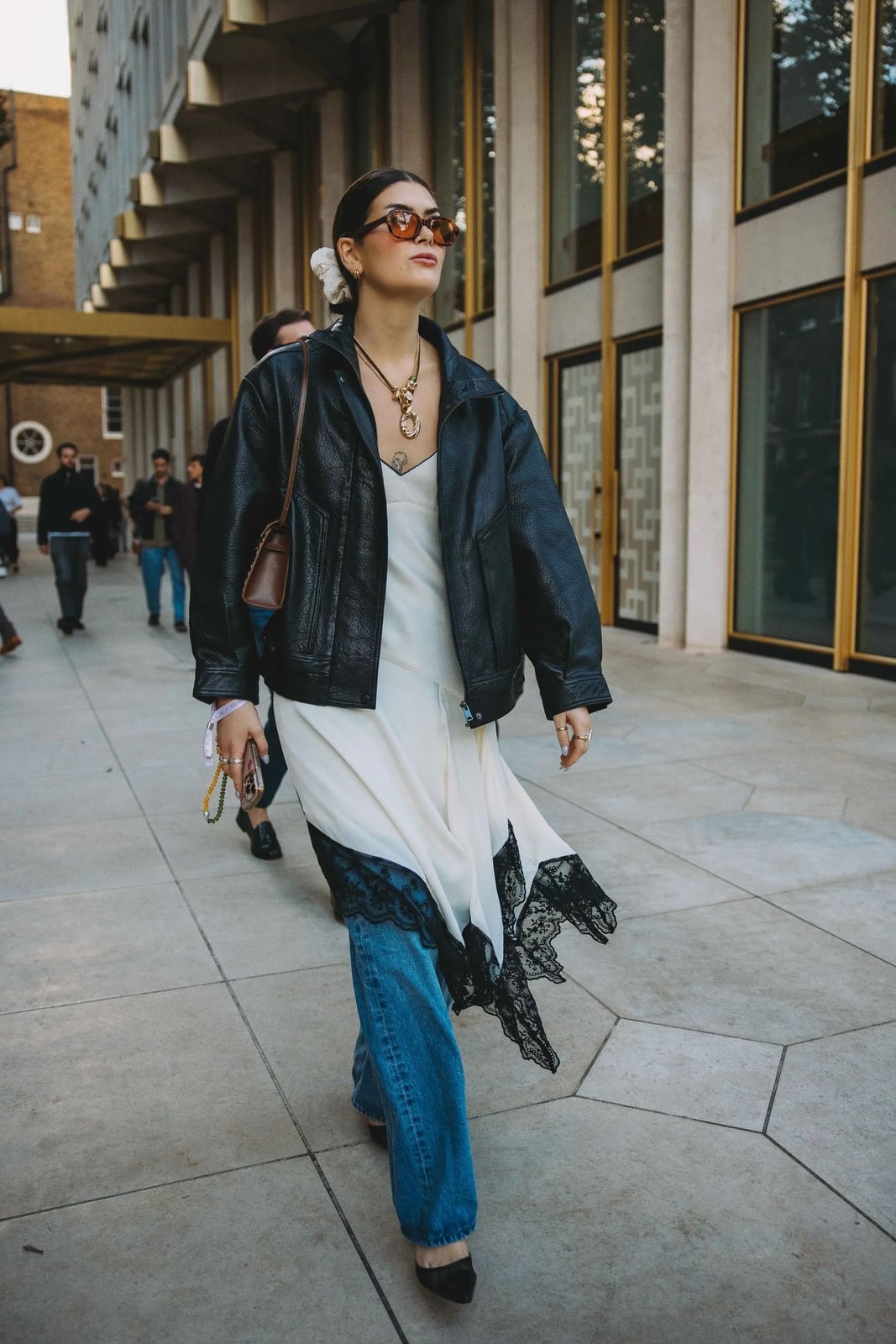 Leather Jacket With Slip Dress And Jeans Leather Jacket With Slip Dress And Jeans — Trendy Layering Outfits