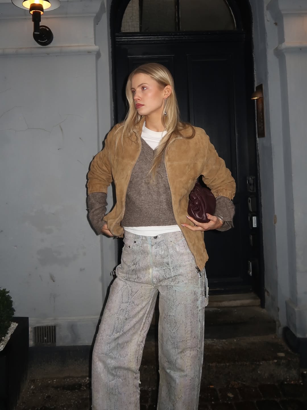 Suede Bomber Jacket With Snakeskin Trousers Suede Bomber Jacket With Snakeskin Trousers — Trendy Layering Outfits