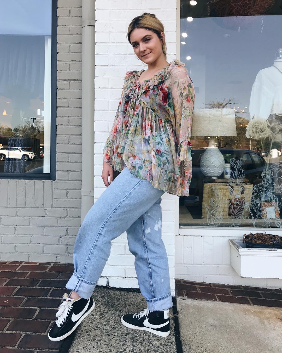 Sheer Ruffled Floral Blouse with Cuffed Denim Jeans Sheer Ruffled Floral Blouse with Cuffed Denim Jeans — Trendy Lazy Outfits