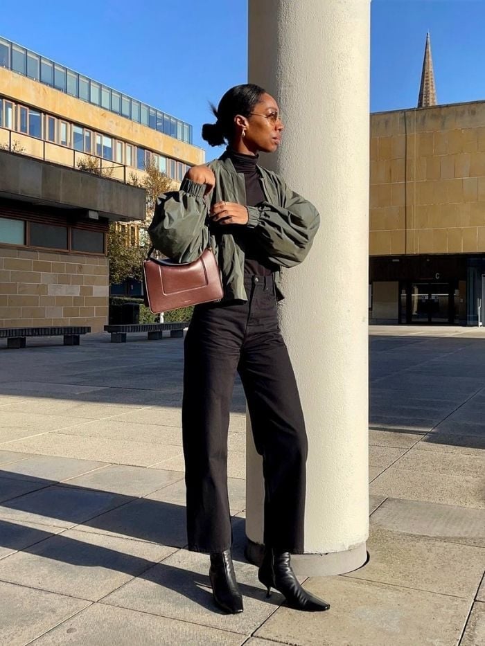 Khaki Bomber Jacket with Puffy Sleeves Over Turtleneck Khaki Bomber Jacket with Puffy Sleeves Over Turtleneck — Trendy Lazy Outfits